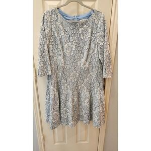 Eliza J Fit Flare Dress Pleated 3/4 Sleeves Blue Floral Women's Size 14W Plus